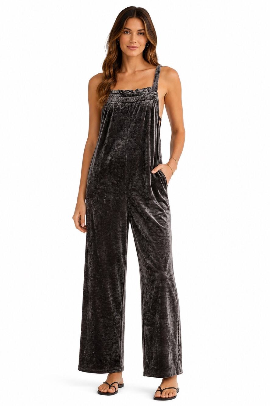 Simple by Suzan Betro Womens Crushed Velvet Jumpsuit Size 2X Dusty Gray Relaxed